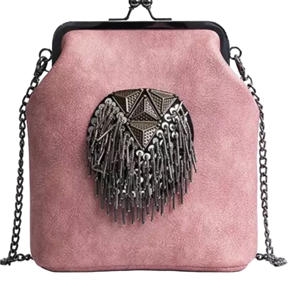 Stylish Blush Pink Crossbody Purse with Metal Tassel and Chain Strap - Small